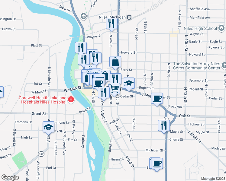 map of restaurants, bars, coffee shops, grocery stores, and more near 403 Cedar Street in Niles