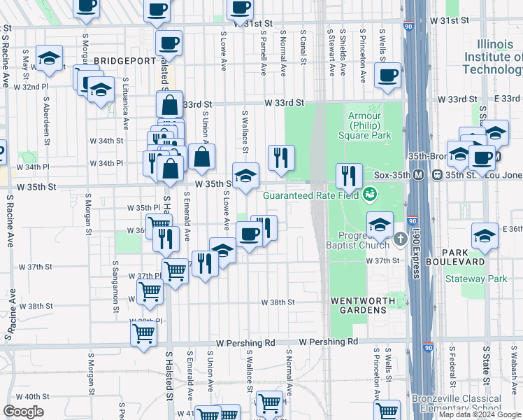 map of restaurants, bars, coffee shops, grocery stores, and more near 549 West 36th Street in Chicago