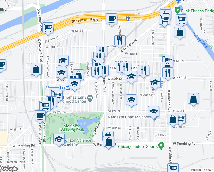 map of restaurants, bars, coffee shops, grocery stores, and more near 3549 South Damen Avenue in Chicago