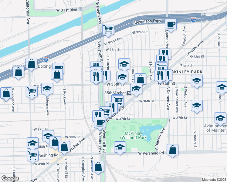 map of restaurants, bars, coffee shops, grocery stores, and more near 3545 South Oakley Avenue in Chicago