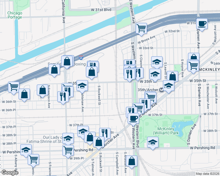 map of restaurants, bars, coffee shops, grocery stores, and more near 3535 South Maplewood Avenue in Chicago