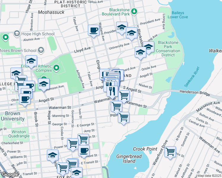 map of restaurants, bars, coffee shops, grocery stores, and more near 196 Wayland Avenue in Providence