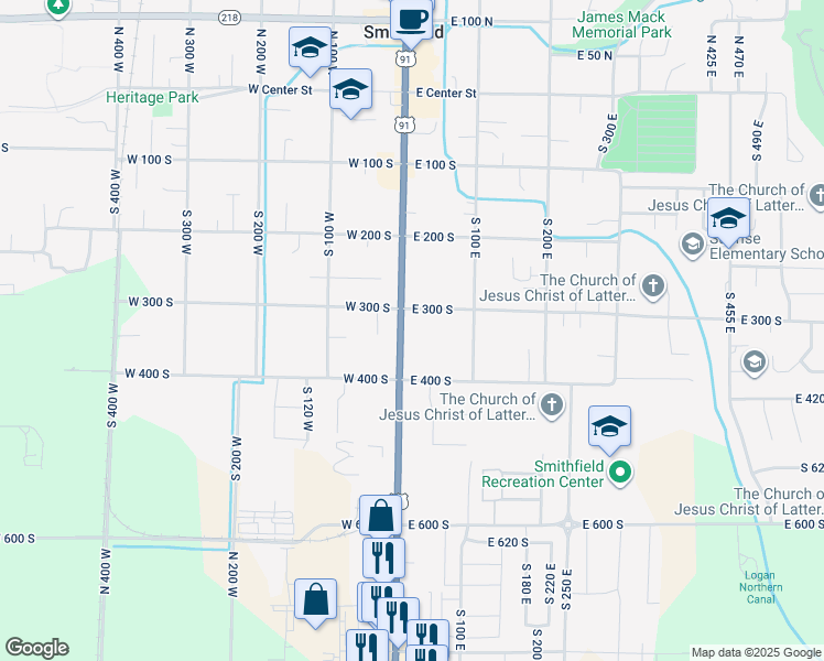 map of restaurants, bars, coffee shops, grocery stores, and more near 368 Main Street in Smithfield