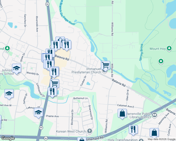map of restaurants, bars, coffee shops, grocery stores, and more near 2S738 Timber Drive in Warrenville