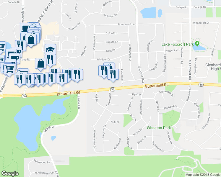 map of restaurants, bars, coffee shops, grocery stores, and more near 1211 E Butterfield Rd in Wheaton