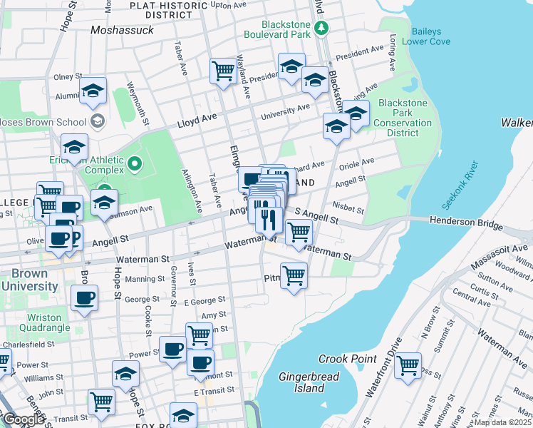map of restaurants, bars, coffee shops, grocery stores, and more near 198 Wayland Avenue in Providence