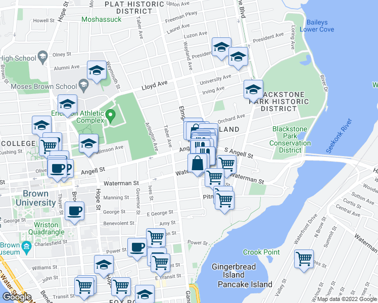 map of restaurants, bars, coffee shops, grocery stores, and more near 218 Waterman Street in Providence