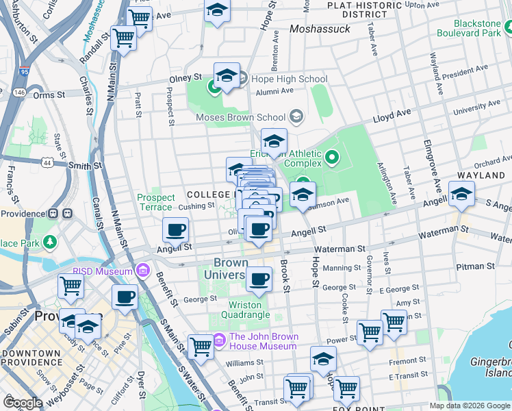 map of restaurants, bars, coffee shops, grocery stores, and more near 286 Thayer Street in Providence