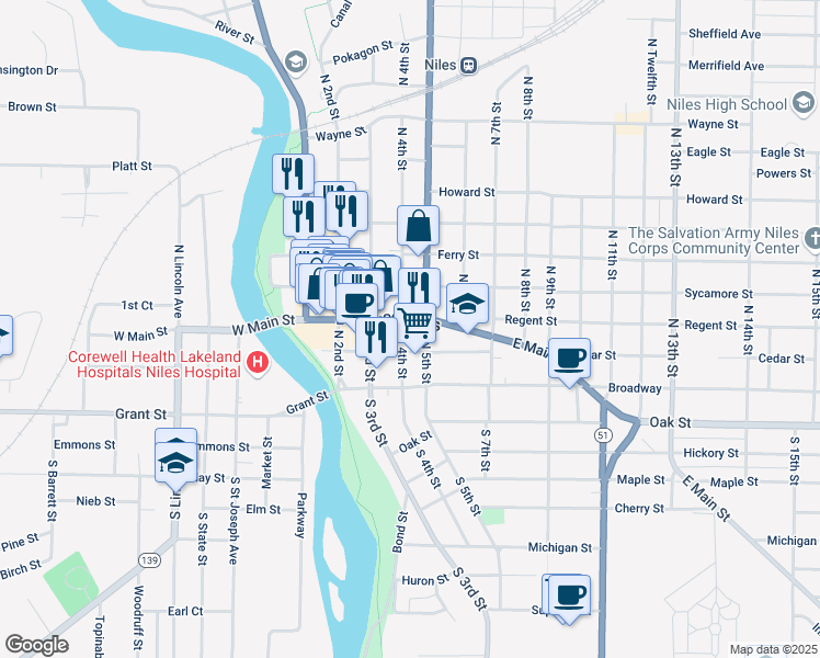 map of restaurants, bars, coffee shops, grocery stores, and more near 404 East Main Street in Niles