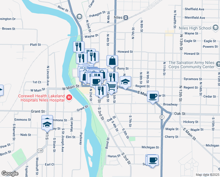 map of restaurants, bars, coffee shops, grocery stores, and more near 403 Cedar Street in Niles