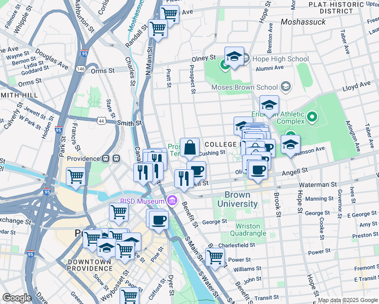 map of restaurants, bars, coffee shops, grocery stores, and more near 55 Congdon Street in Providence