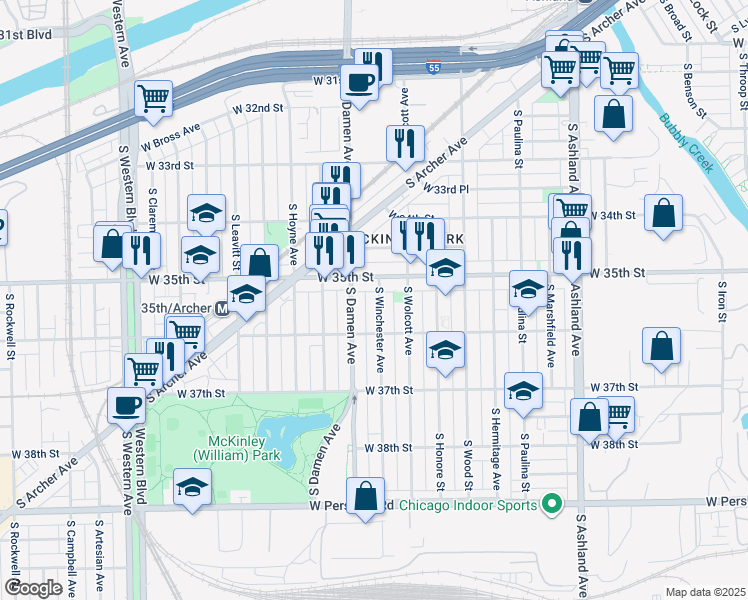 map of restaurants, bars, coffee shops, grocery stores, and more near 3549 South Damen Avenue in Chicago