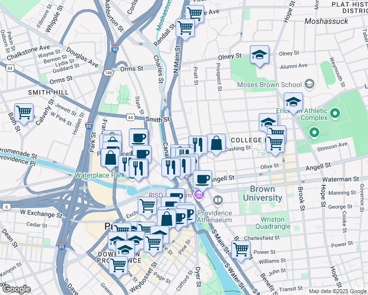 map of restaurants, bars, coffee shops, grocery stores, and more near 151 North Main Street in Providence
