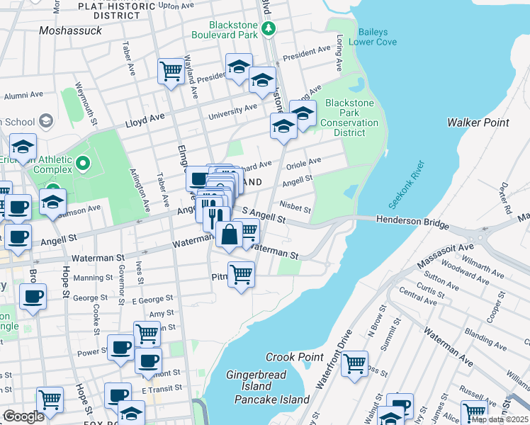 map of restaurants, bars, coffee shops, grocery stores, and more near 182 Butler Avenue in Providence