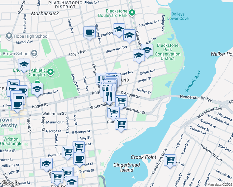 map of restaurants, bars, coffee shops, grocery stores, and more near 23 South Angell Street in Providence