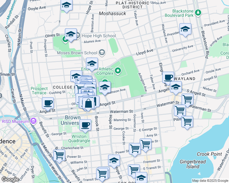 map of restaurants, bars, coffee shops, grocery stores, and more near Stimson Avenue in Providence