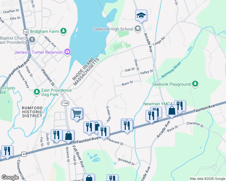 map of restaurants, bars, coffee shops, grocery stores, and more near 33 Kristen Drive in Seekonk