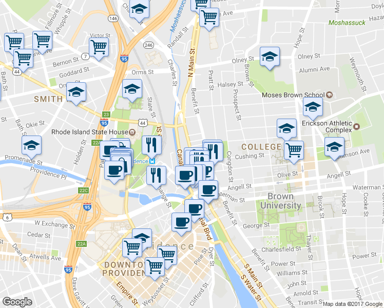 map of restaurants, bars, coffee shops, grocery stores, and more near 1 Cady Street in Providence