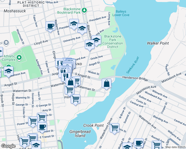 map of restaurants, bars, coffee shops, grocery stores, and more near 111 South Angell Street in Providence