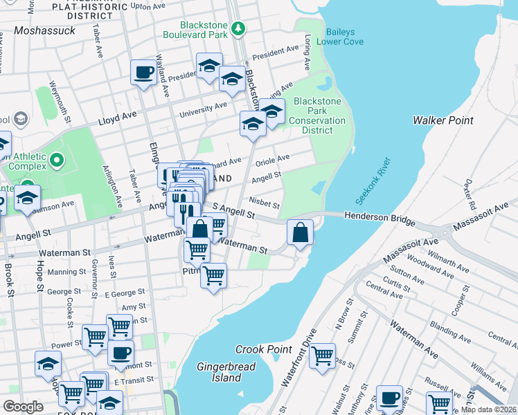 map of restaurants, bars, coffee shops, grocery stores, and more near 111 South Angell Street in Providence