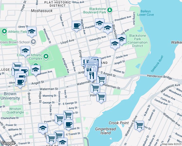 map of restaurants, bars, coffee shops, grocery stores, and more near 161 Wayland Avenue in Providence