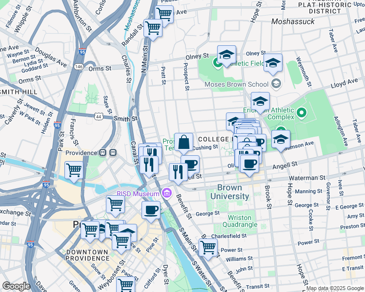 map of restaurants, bars, coffee shops, grocery stores, and more near 100 Meeting Street in Providence