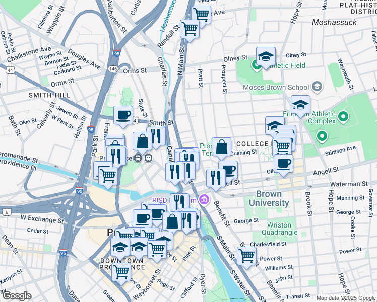 map of restaurants, bars, coffee shops, grocery stores, and more near 151 North Main Street in Providence