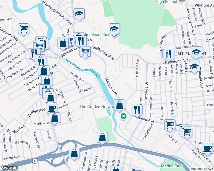 map of restaurants, bars, coffee shops, grocery stores, and more near 688 Manton Avenue in Providence
