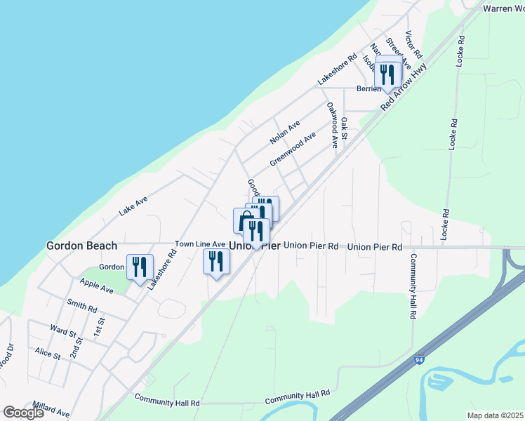 map of restaurants, bars, coffee shops, grocery stores, and more near 16081 Greenwood Avenue in Union Pier