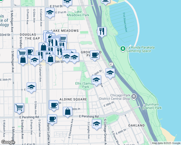 map of restaurants, bars, coffee shops, grocery stores, and more near 3601 South Cottage Grove Avenue in Chicago