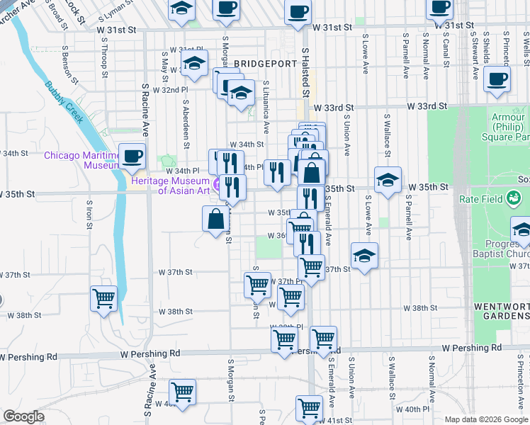 map of restaurants, bars, coffee shops, grocery stores, and more near 902 West 36th Street in Chicago
