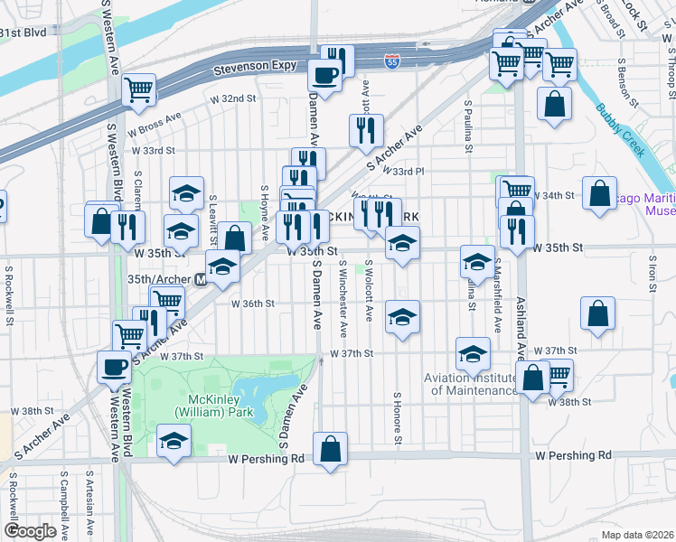 map of restaurants, bars, coffee shops, grocery stores, and more near 3549 South Damen Avenue in Chicago