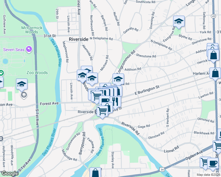 map of restaurants, bars, coffee shops, grocery stores, and more near 48 East Burlington Street in Riverside
