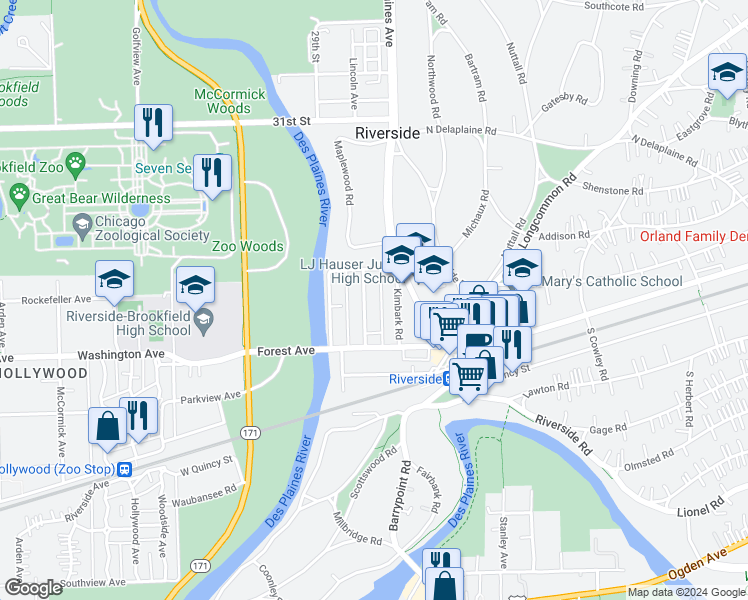 map of restaurants, bars, coffee shops, grocery stores, and more near 69 Lincoln Avenue in Riverside