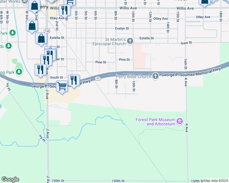 map of restaurants, bars, coffee shops, grocery stores, and more near 1801 Southgate Drive in Perry