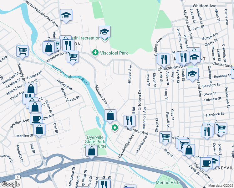 map of restaurants, bars, coffee shops, grocery stores, and more near 40 Leander Street in Providence