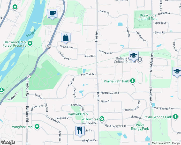 map of restaurants, bars, coffee shops, grocery stores, and more near 465 Fox Trail Drive in Batavia