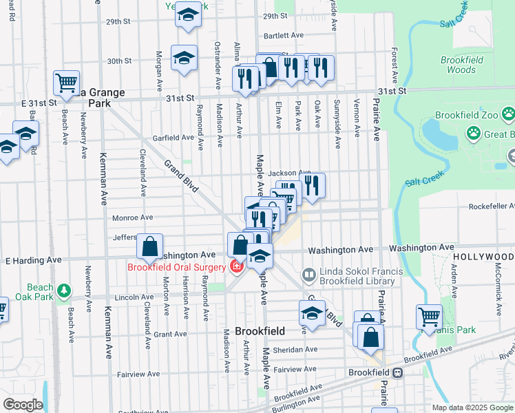 map of restaurants, bars, coffee shops, grocery stores, and more near 3400 Maple Avenue in Brookfield
