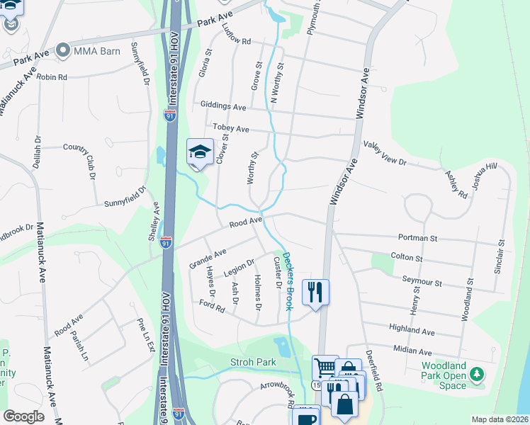 map of restaurants, bars, coffee shops, grocery stores, and more near 12 Custer Drive in Windsor