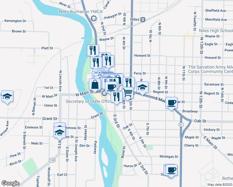 map of restaurants, bars, coffee shops, grocery stores, and more near 116 North 3rd Street in Niles