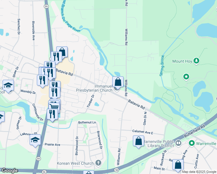 map of restaurants, bars, coffee shops, grocery stores, and more near 29W303 Batavia Road in Warrenville