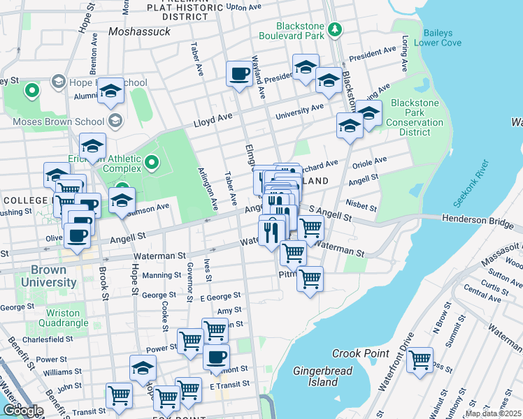 map of restaurants, bars, coffee shops, grocery stores, and more near 218 Waterman Street in Providence