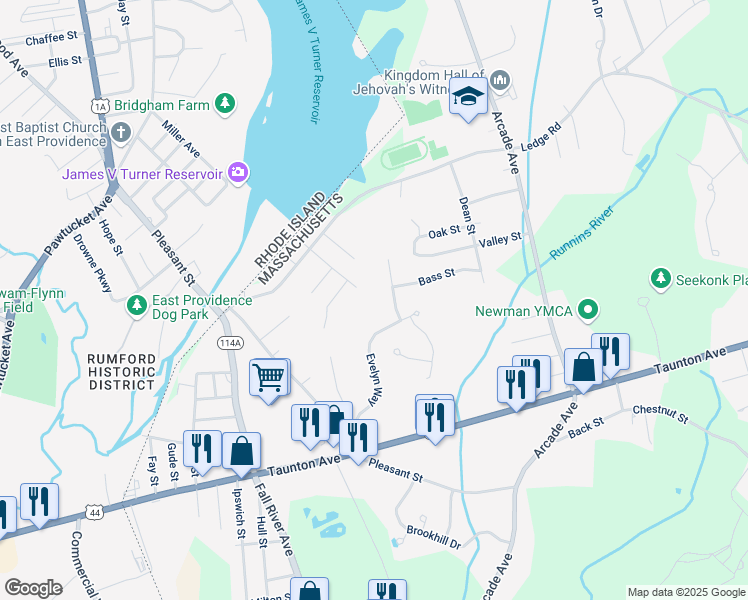 map of restaurants, bars, coffee shops, grocery stores, and more near 20 Evelyn Way in Seekonk