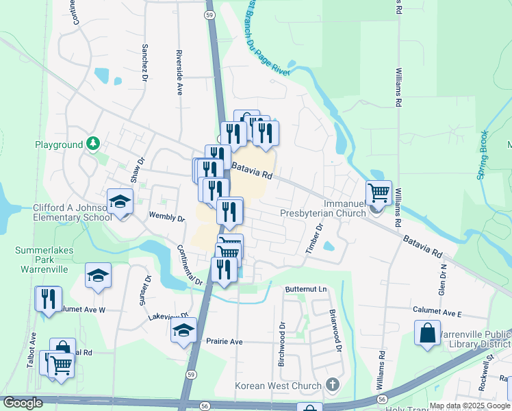 map of restaurants, bars, coffee shops, grocery stores, and more near 611 Winchester Circle West in Warrenville