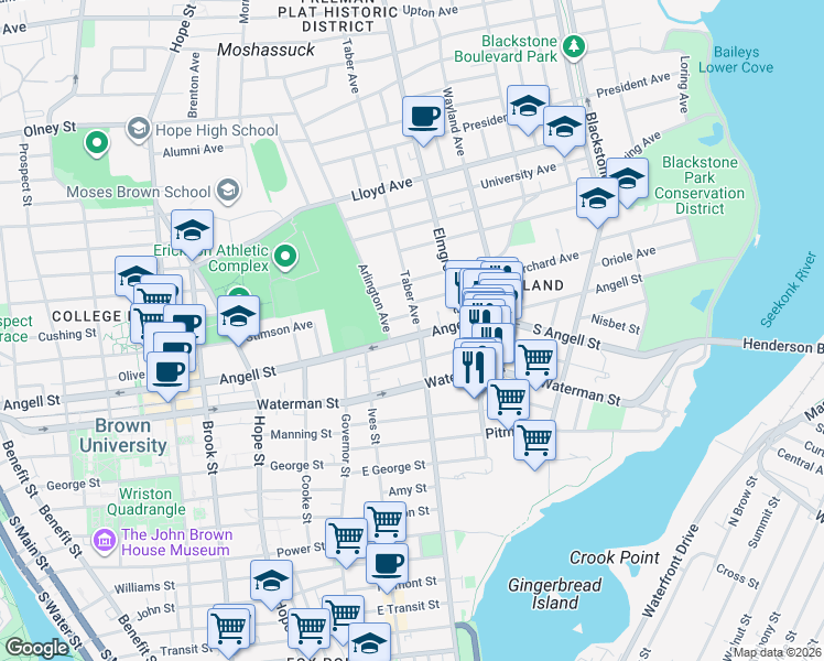 map of restaurants, bars, coffee shops, grocery stores, and more near 412 Angell Street in Providence