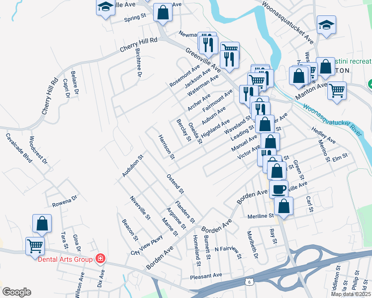 map of restaurants, bars, coffee shops, grocery stores, and more near 5 Berclay Street in Johnston