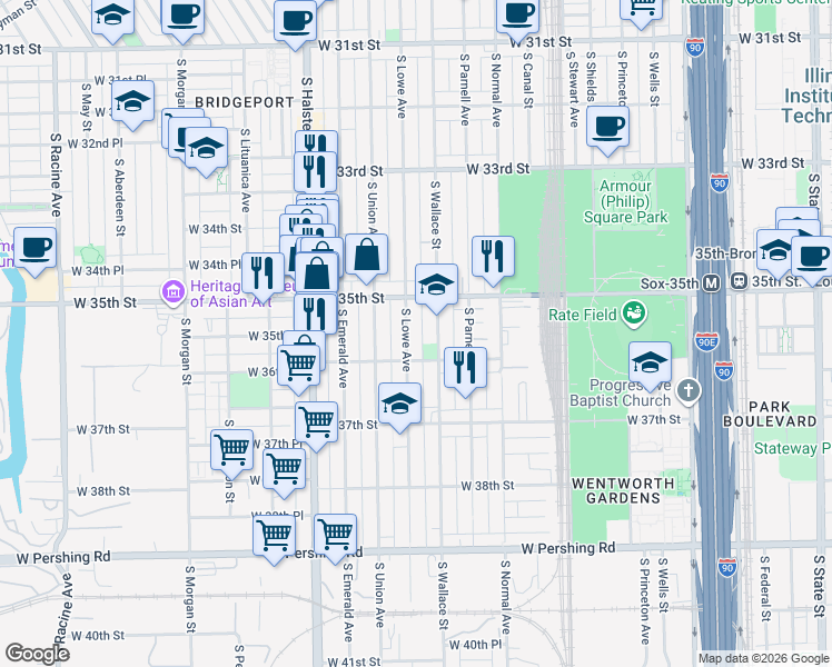 map of restaurants, bars, coffee shops, grocery stores, and more near 3535 South Lowe Avenue in Chicago
