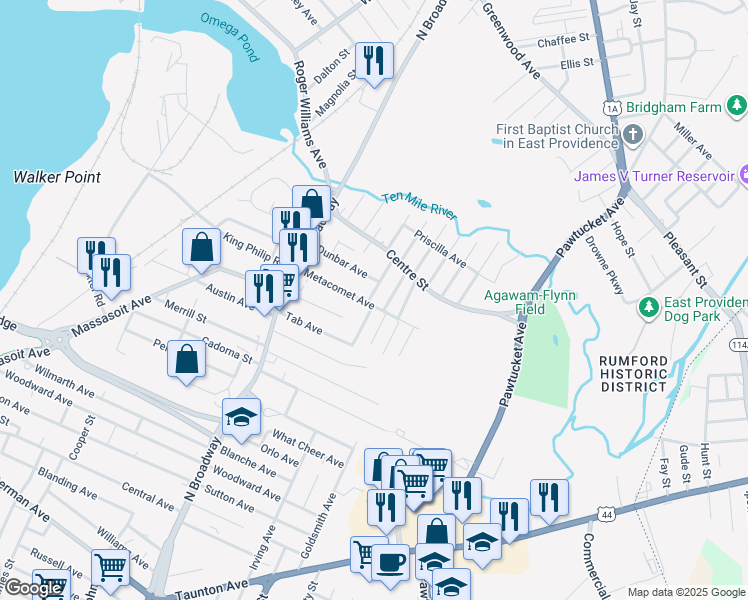 map of restaurants, bars, coffee shops, grocery stores, and more near 33 Castro Street in East Providence