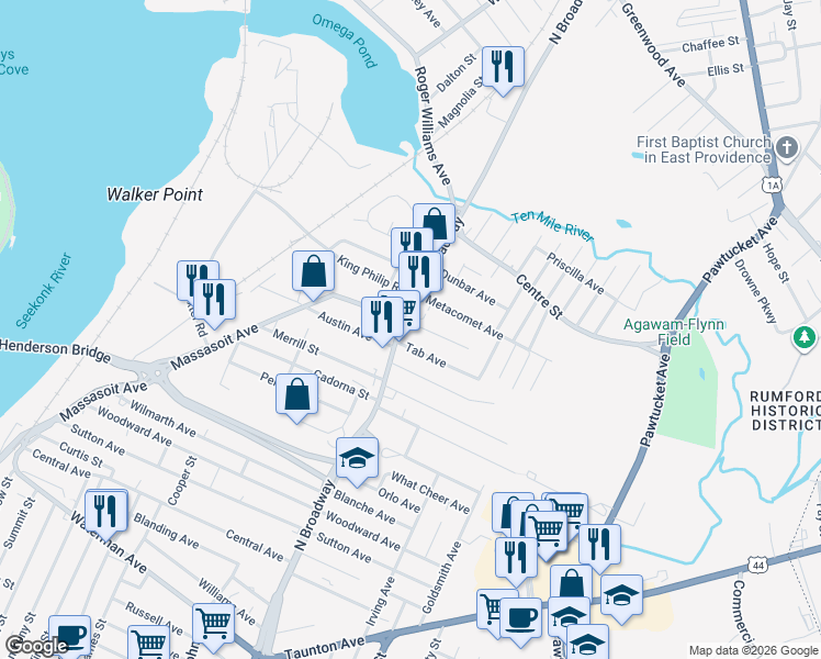map of restaurants, bars, coffee shops, grocery stores, and more near 410 North Broadway in East Providence