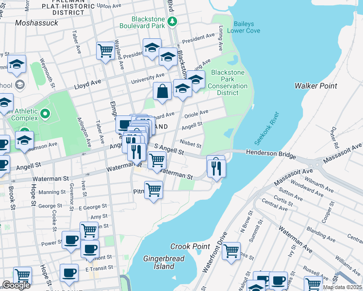 map of restaurants, bars, coffee shops, grocery stores, and more near 14 Rhode Island Avenue in Providence